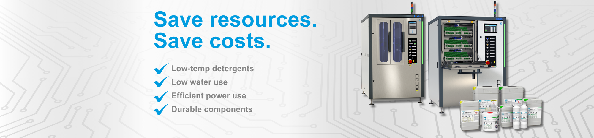 Image with kolb systems and detergents with reasoning that saving resources equals saving costs